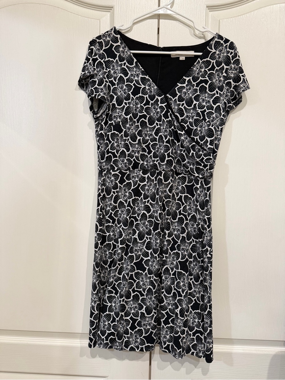 LOFT Black and White Floral Faux-Wrap Dress
